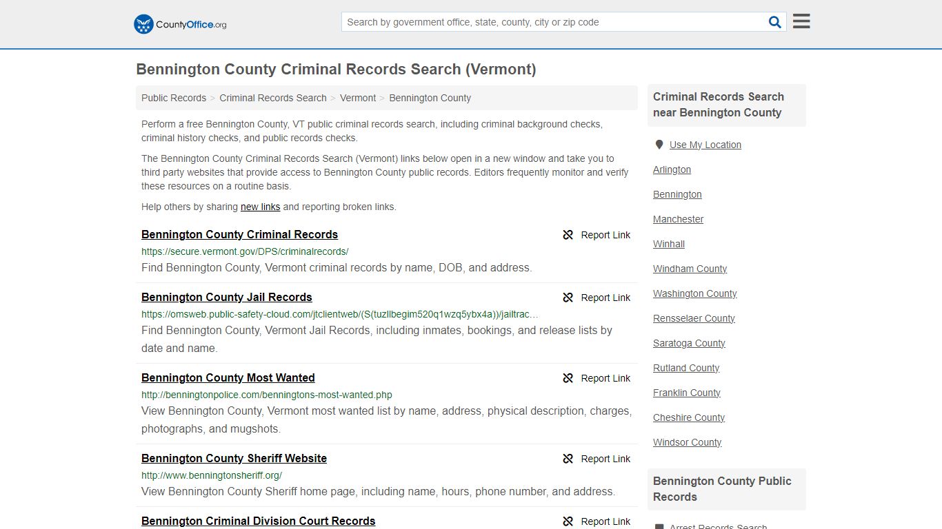 Bennington County Criminal Records Search (Vermont)
