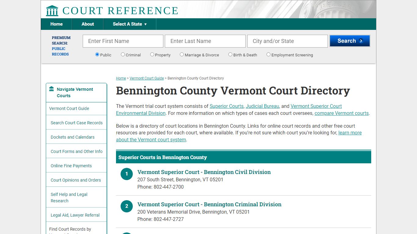 Bennington County Vermont Court Directory | CourtReference.com